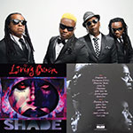 A montage of Living Colour band members, the front of the Shade album, and its back.